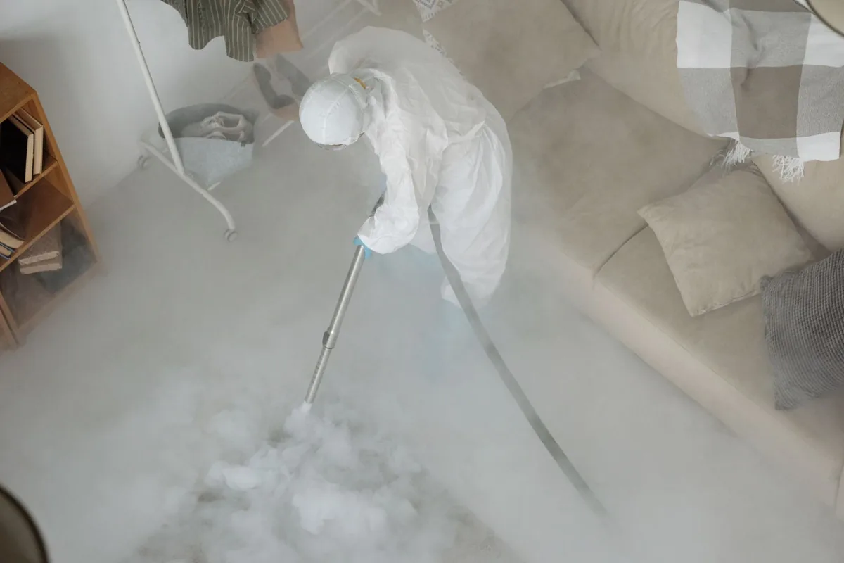 Biohazard cleanup technician in protective equipment, Canyonville, OR